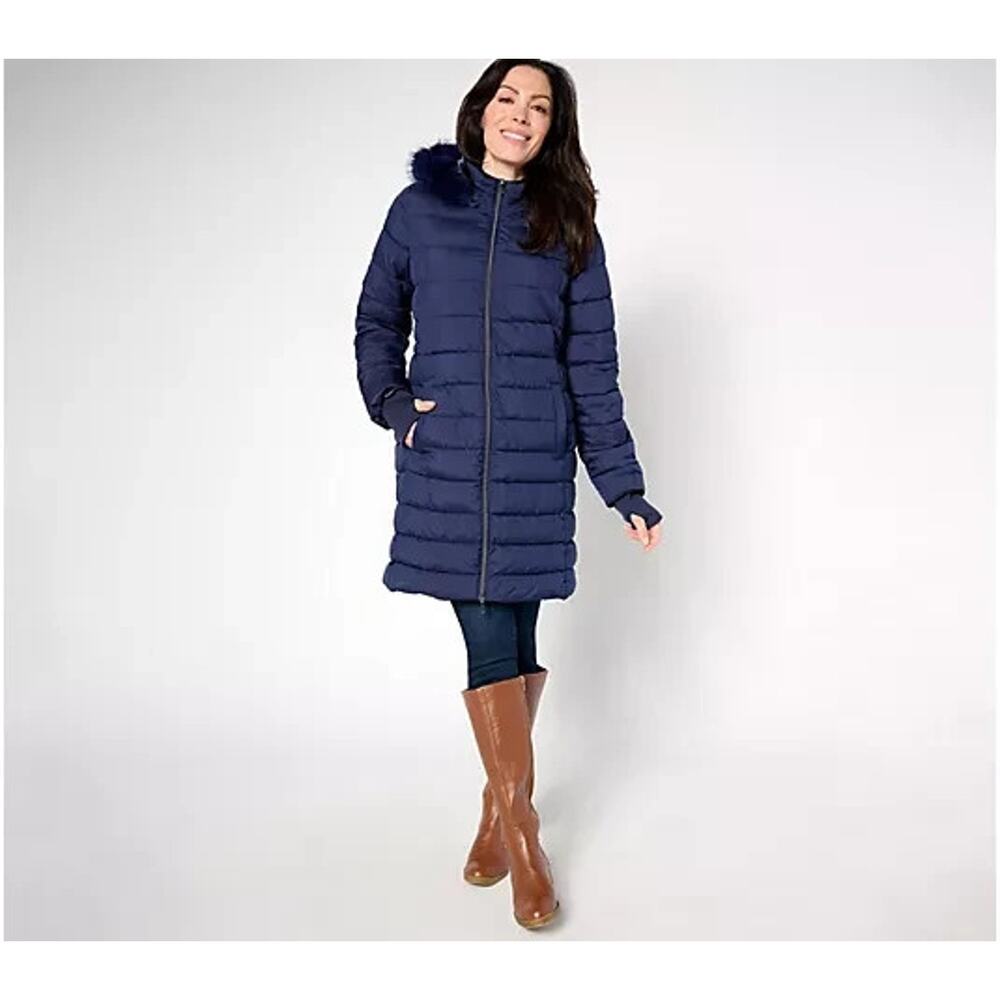 Susan Graver Water Resistant Quilted Coat with Hood Midnight Blue Small A670979